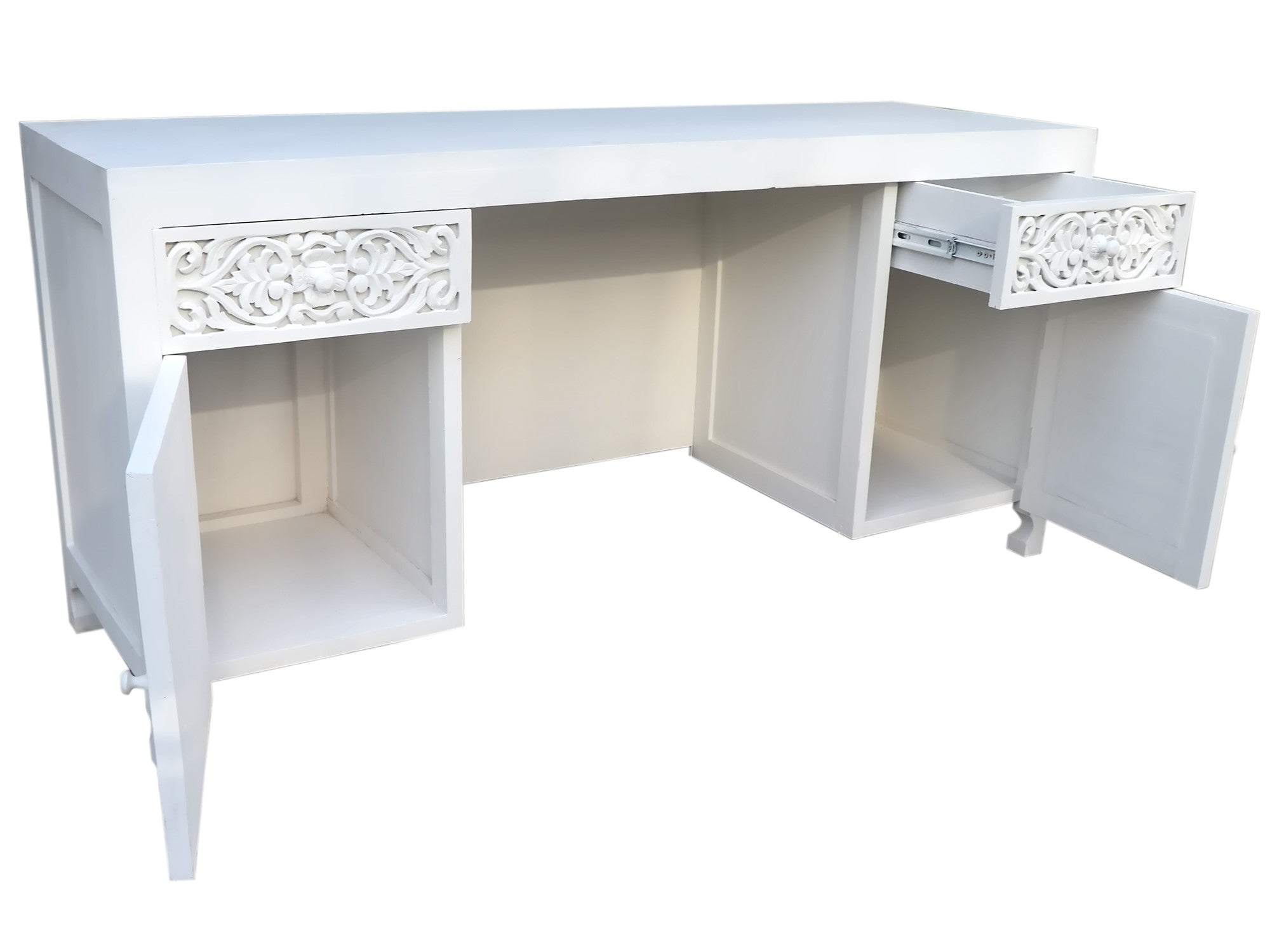 Hand Carved Timber Cut-Out Desk in White - Damaged Warehouse Sale