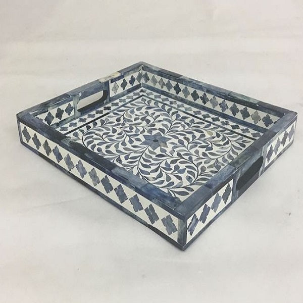 Bone Inlay Rectangular Tray in Floral/Denim
