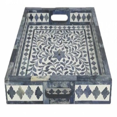 Bone Inlay Rectangular Tray in Floral/Denim