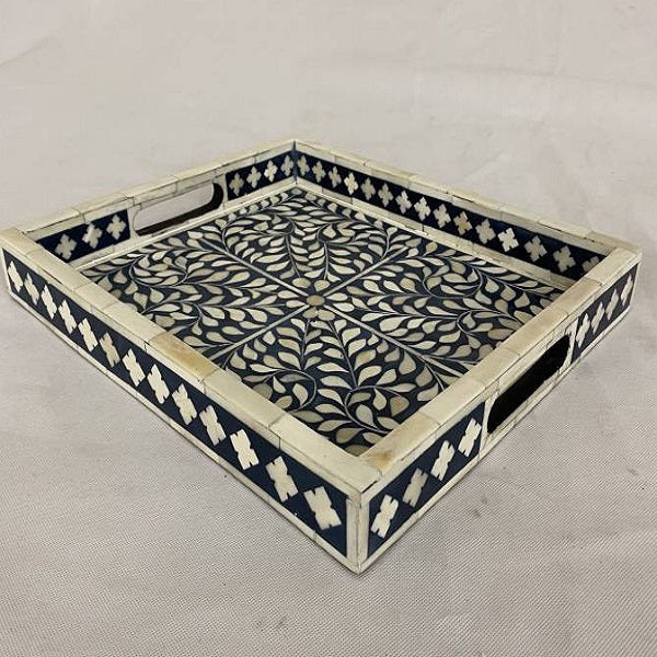 Bone Inlay Rectangular Tray in Floral/Navy