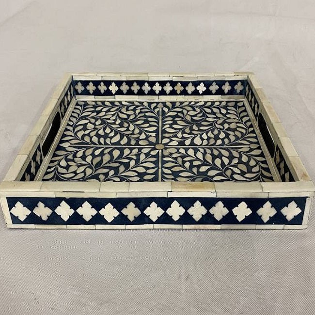 Bone Inlay Rectangular Tray in Floral/Navy
