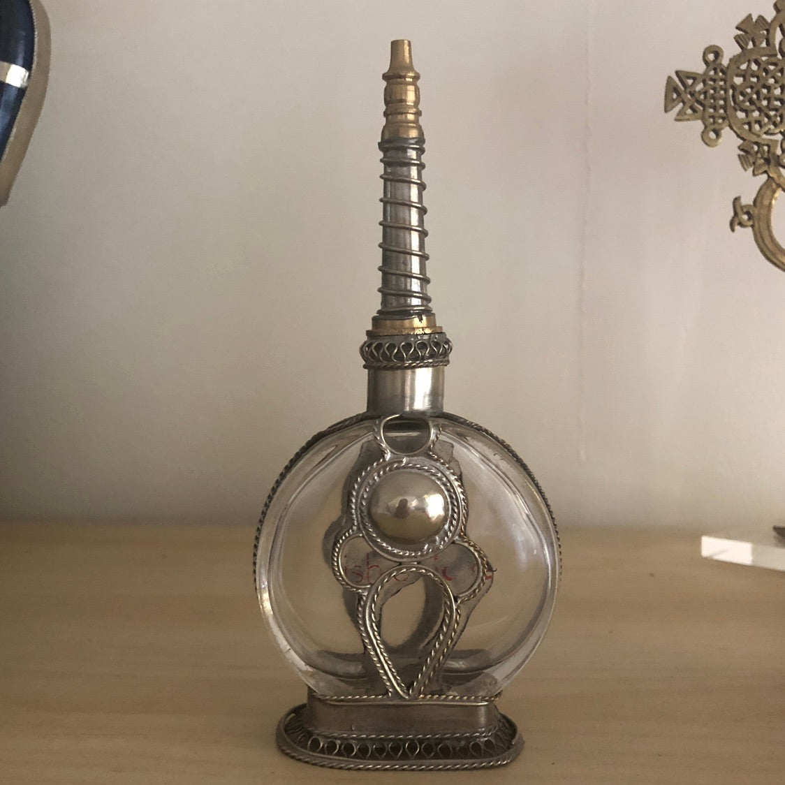 Moroccan Perfume Bottle with Silver Nickel Detail in Clear Glass