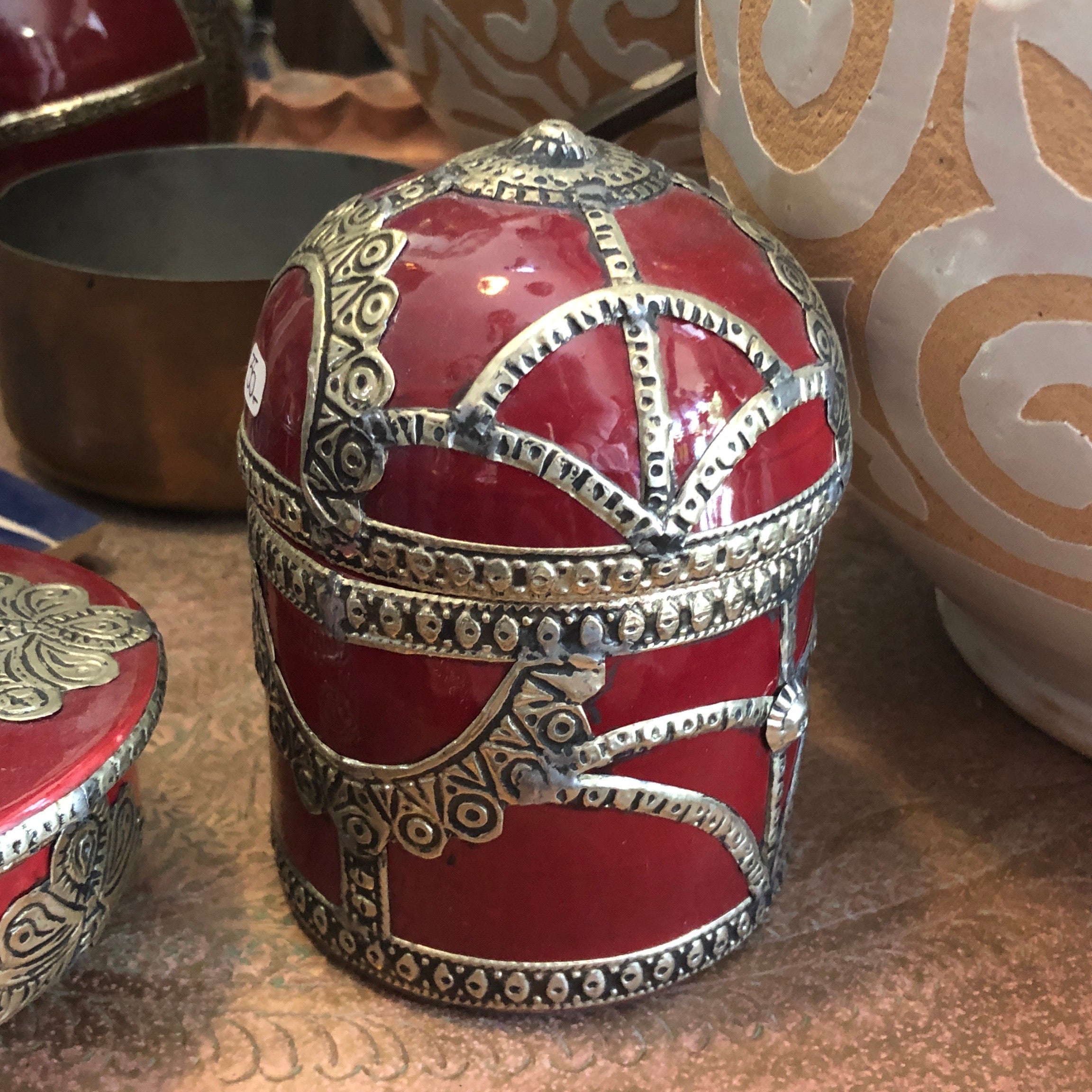 Safi Box with Rounded Lid with Silver Nickel Embellishments in Red