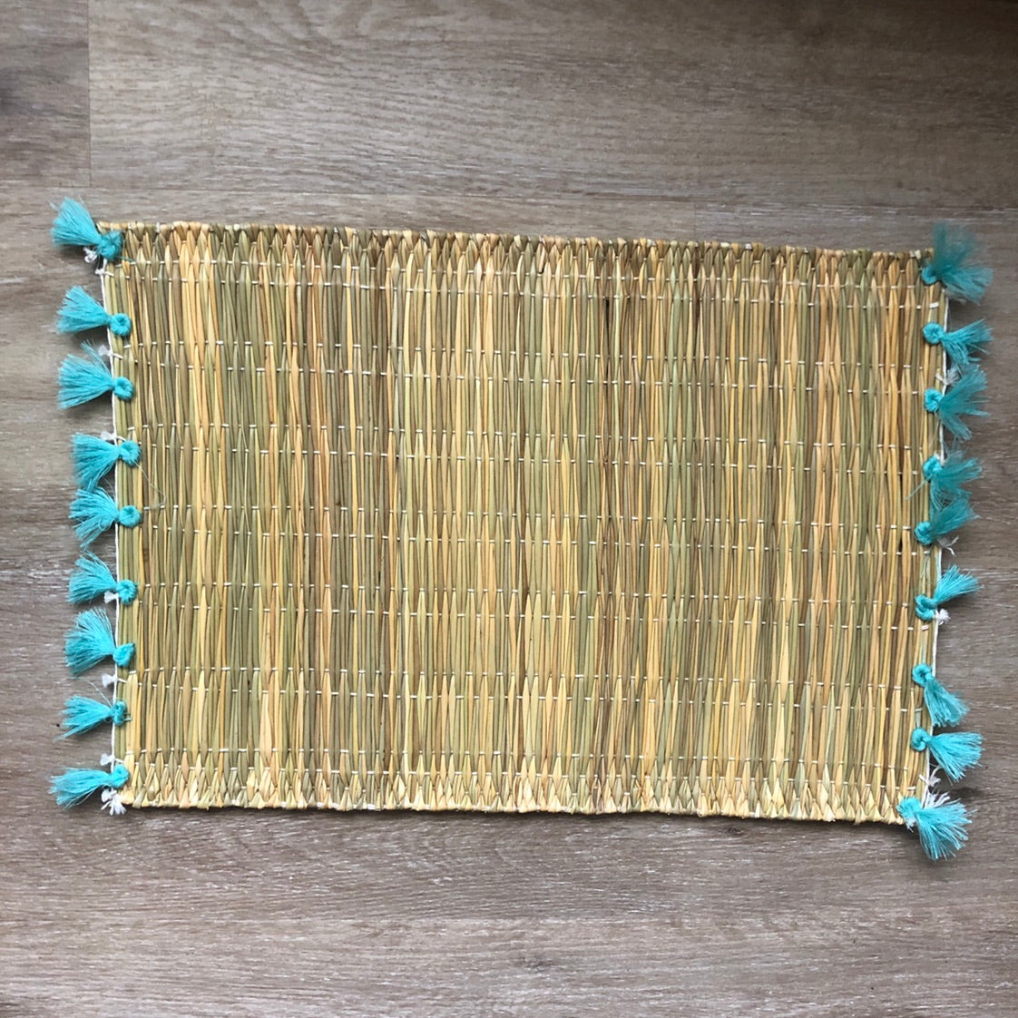 Handmade Marrakech Cotton & Raffia Placemat with Aqua Tassels