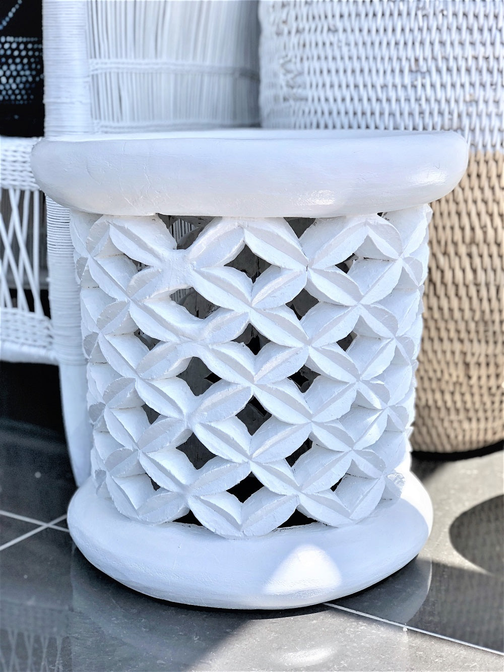 Bamileke Table with Leaf Design in White