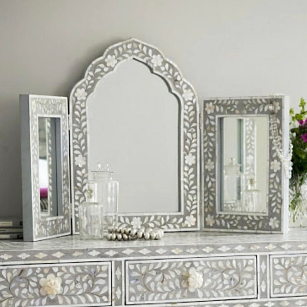 Mother of Pearl Tri Mirror In Grey