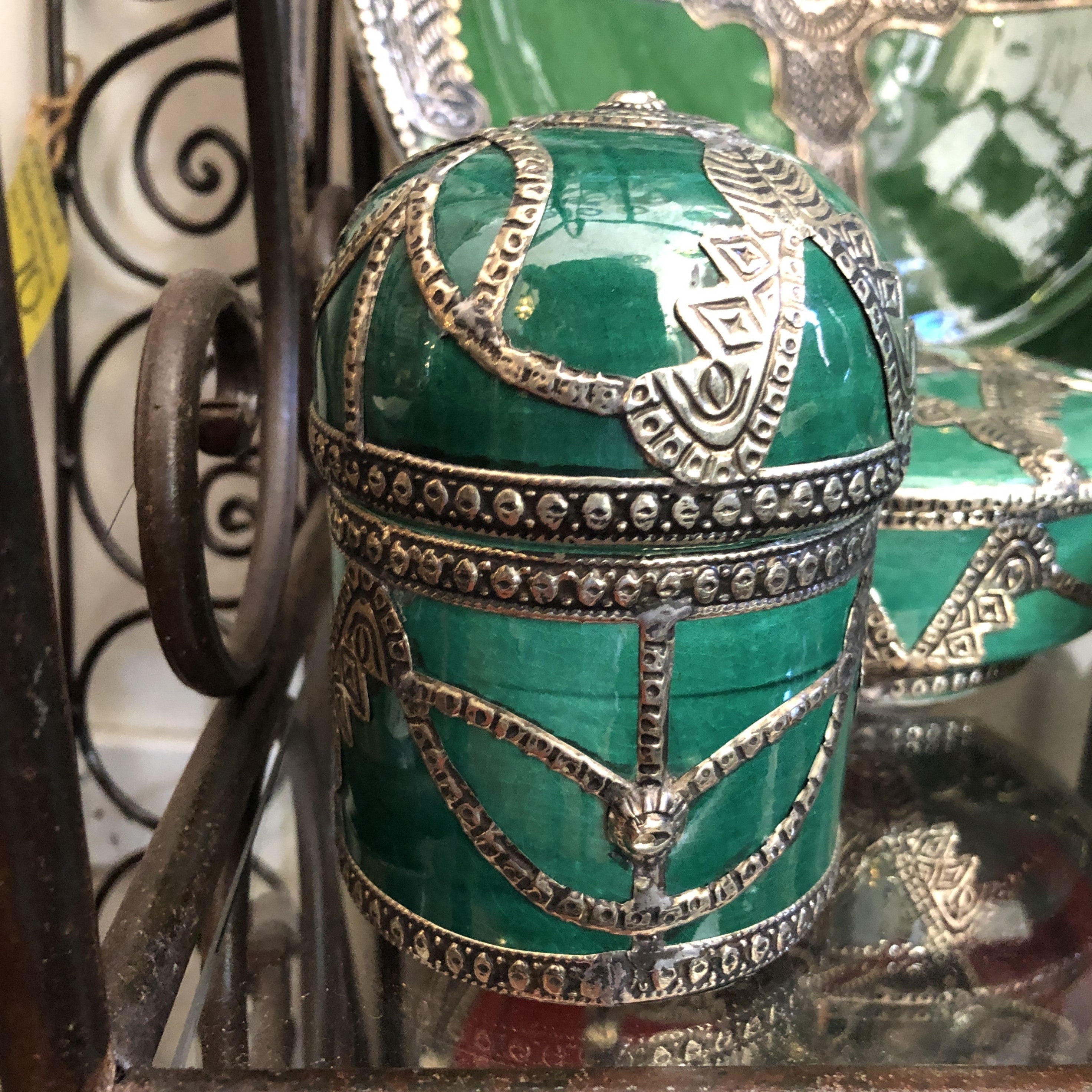 Safi Box with Rounded Lid with Silver Nickel Embellishments in Sea Green