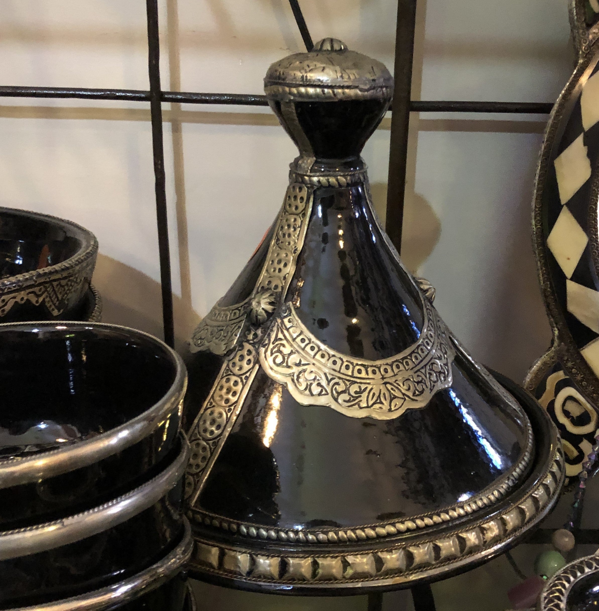 Decorative Tagine with Silver Nickel Embellishments in Black