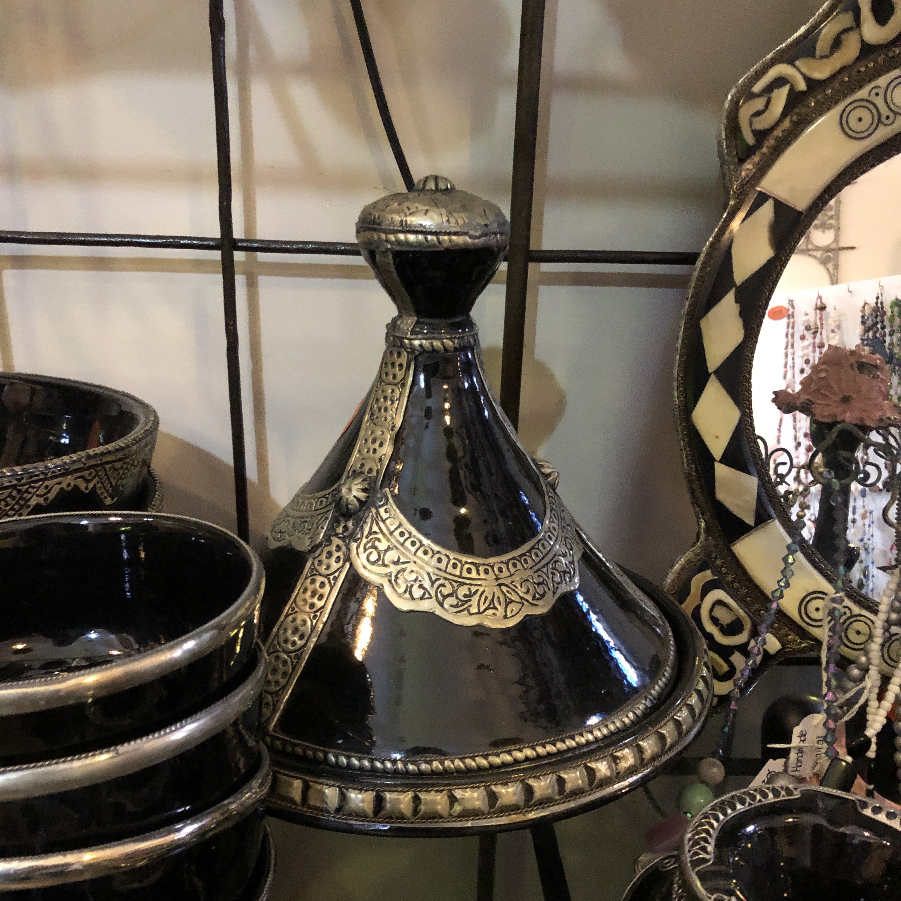 Decorative Tagine with Silver Nickel Embellishments in Black