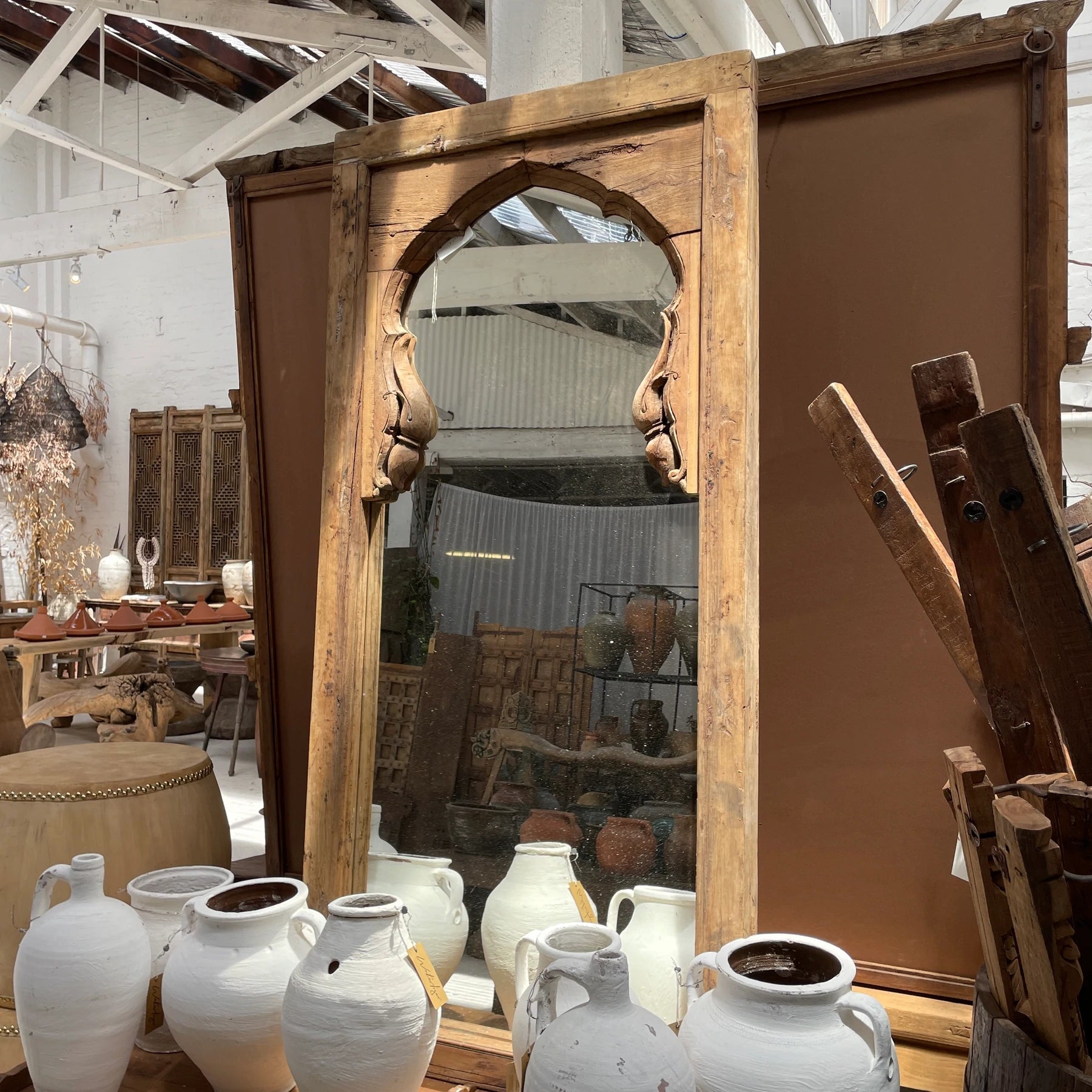 Vintage Arched Teak Full Length Mirror