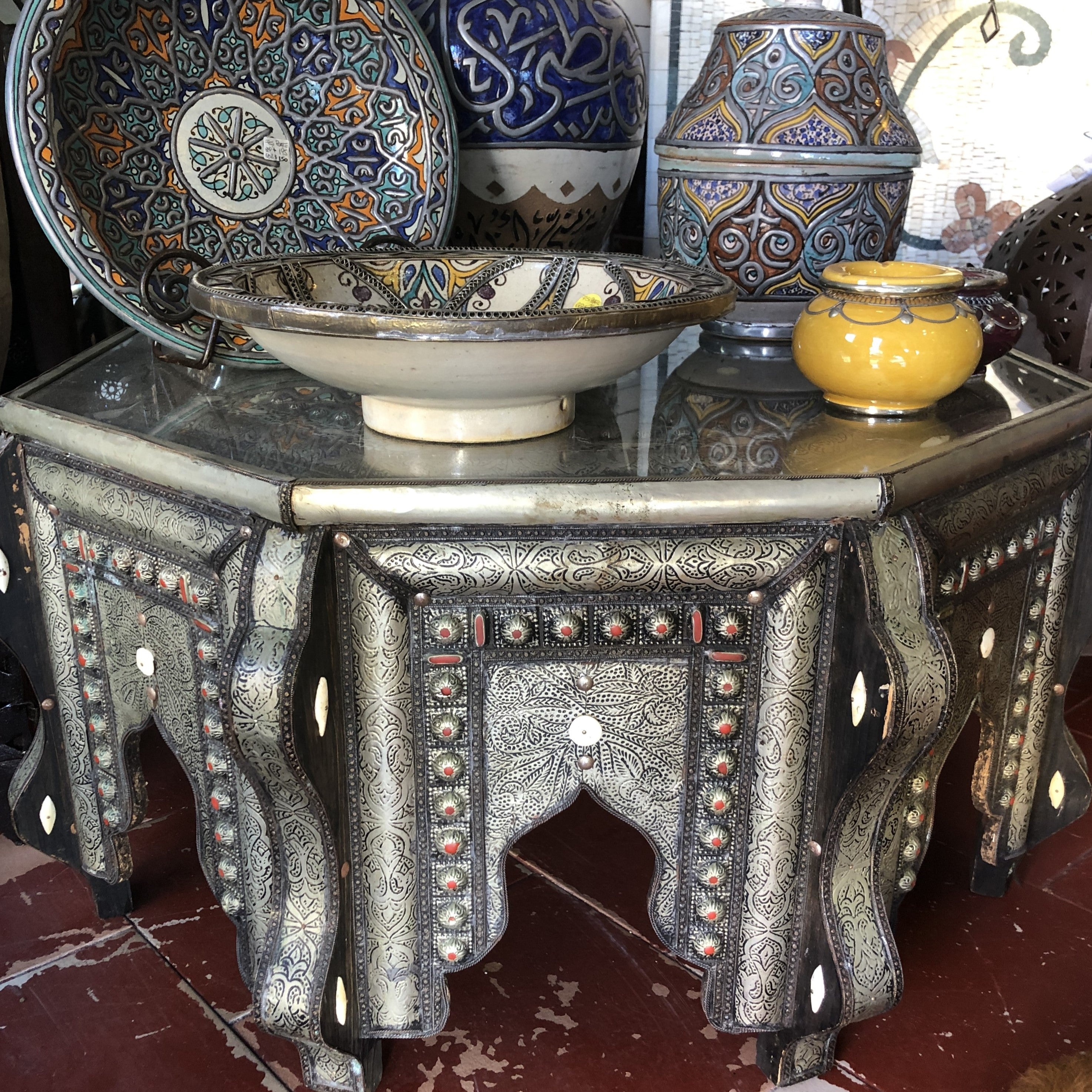 Moroccan Shallow Bowl in Blues and Orange with Metal Embellishment