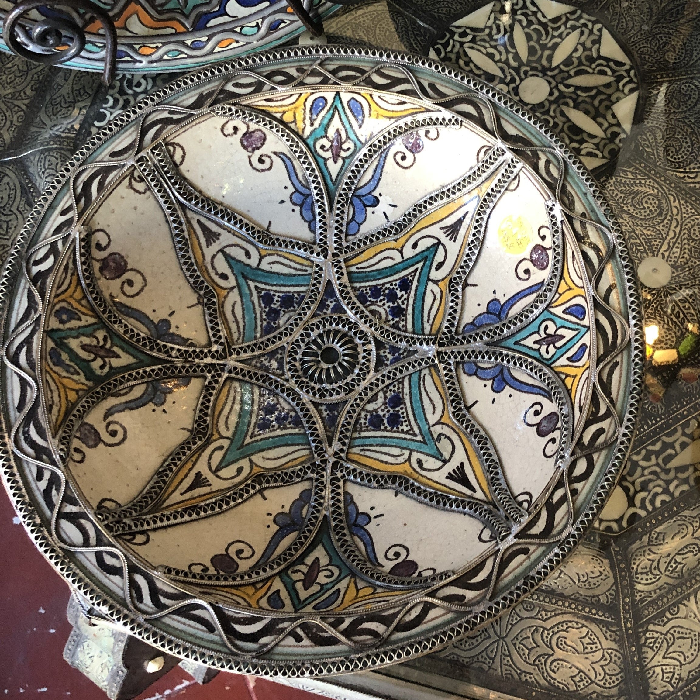 Moroccan Shallow Bowl in White with Yellow and Teal Detail & Metal Embellishment