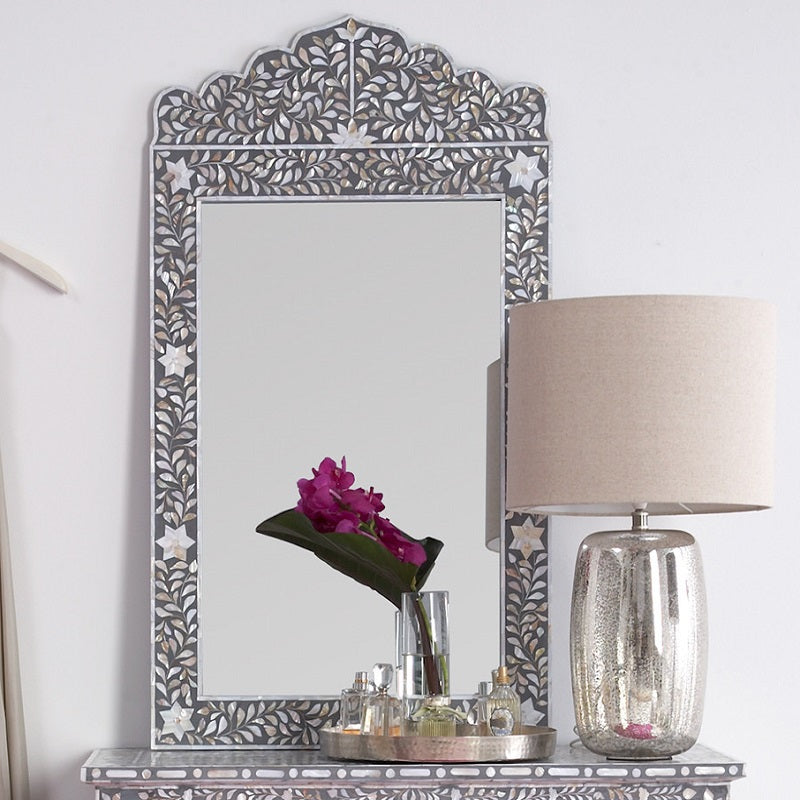 Mother of Pearl Inlay Crested Mirror in Grey