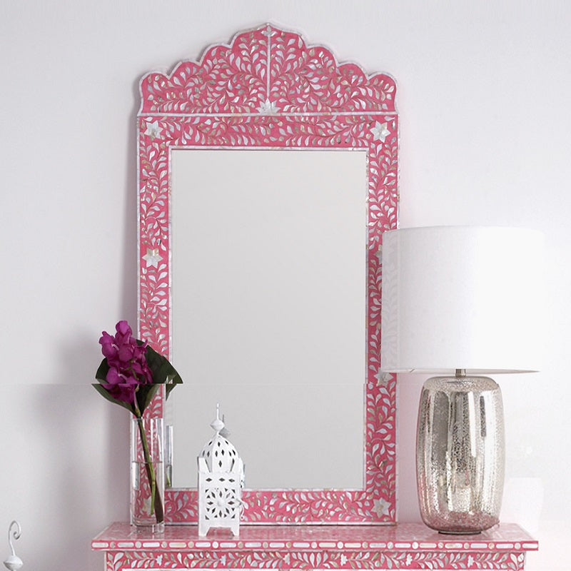 Mother of Pearl Inlay Crested Mirror in Strawberry