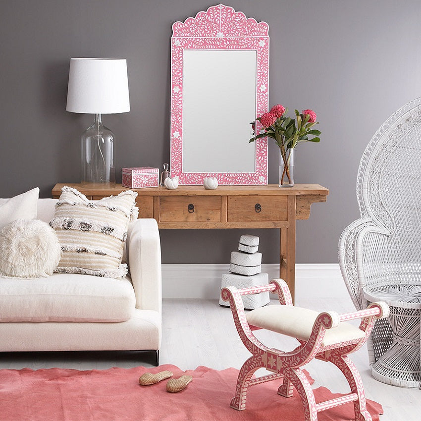 Mother of Pearl Inlay Crested Mirror in Strawberry