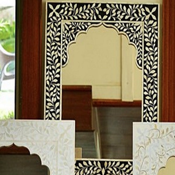 Bone Inlay Arch Jarokha Mirror in Black