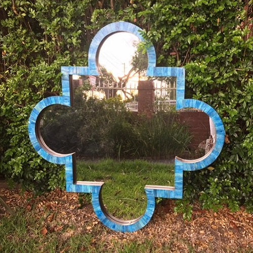 Moroccan Quatrefoil Bone Large Mirror in Ocean Blue
