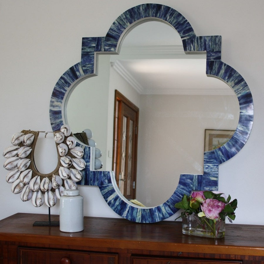 Moroccan Quatrefoil Bone Large Mirror in Indigo