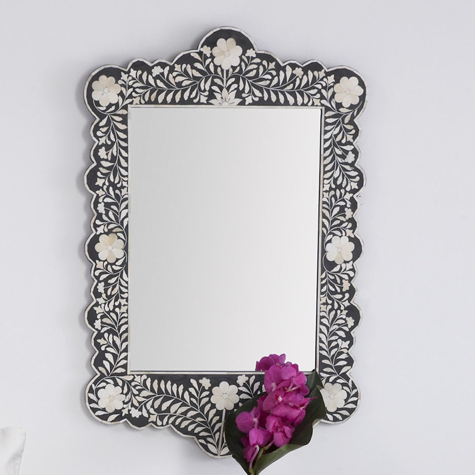 Bone Inlay Scalloped Mirror in Black