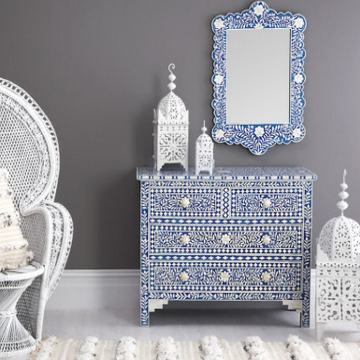 Bone Inlay Scalloped Mirror in Indigo