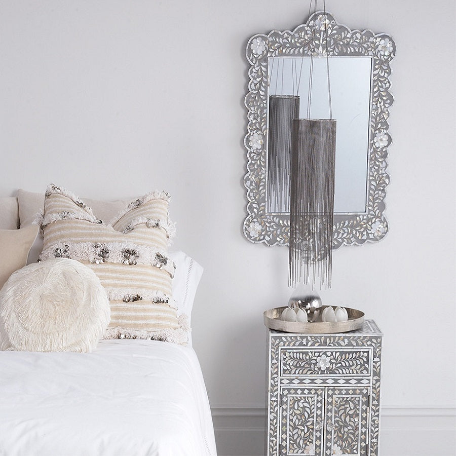 Mother of Pearl Inlay Scalloped Mirror in Grey