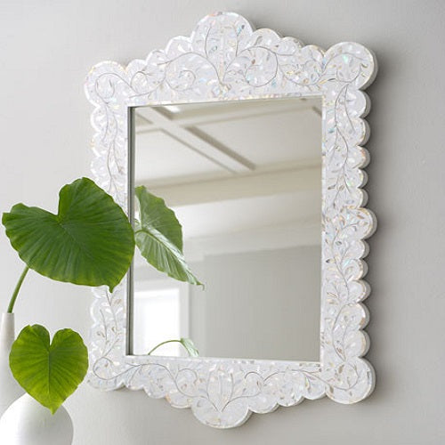 Mother of Pearl Inlay Scalloped Mirror in White