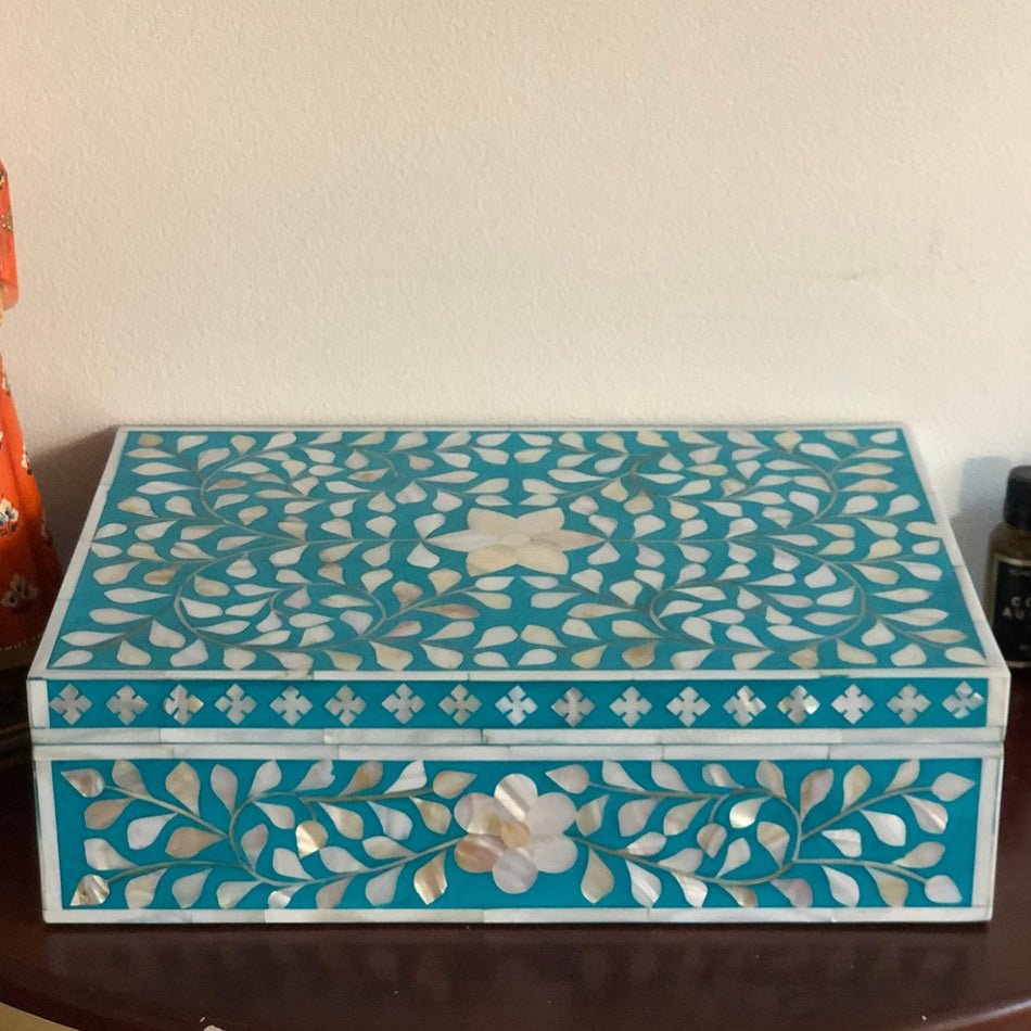Zohi Interiors Signature Collection : Mother of Pearl Inlay Large Box in Floral/Turquoise
