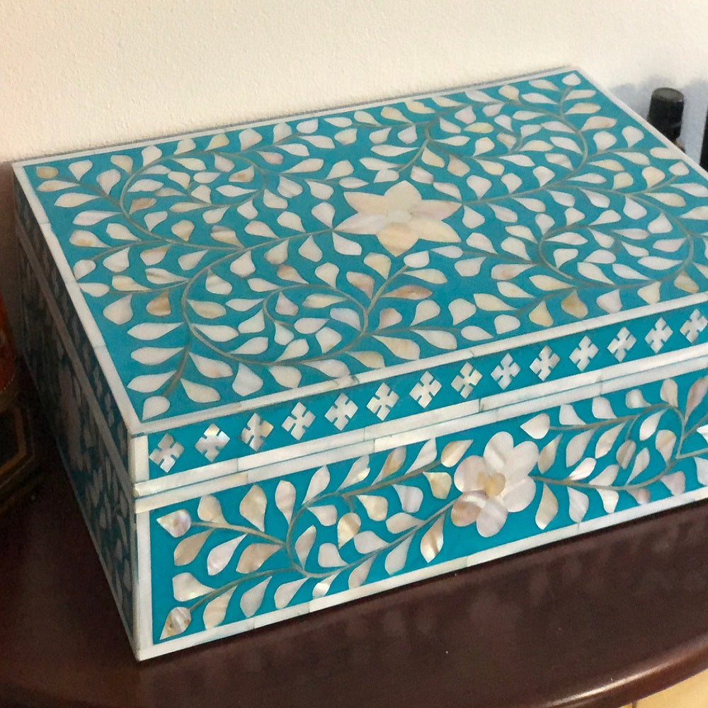 Zohi Interiors Signature Collection : Mother of Pearl Inlay Large Box in Floral/Turquoise