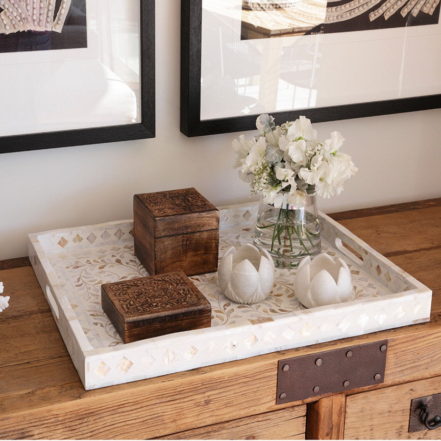 Mother of Pearl Inlay Rectangular Tray in Floral/White
