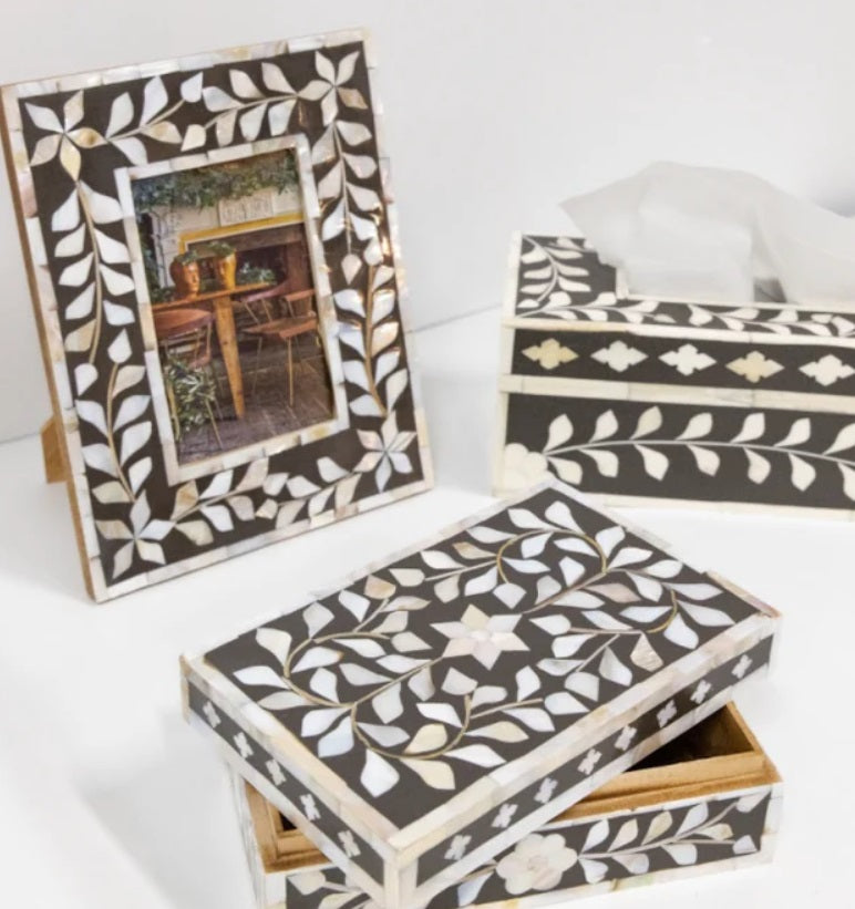 Mother of Pearl Inlay Floral Frame  in Charcoal Brown