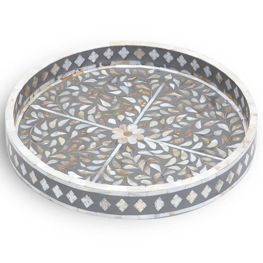 Mother of Pearl Inlay Medium Round Tray in Grey