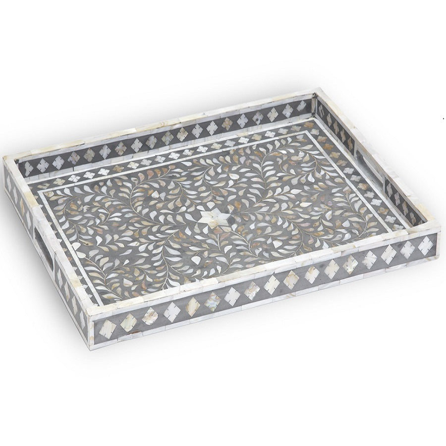 Mother of Pearl Inlay Rectangular Tray in Floral/Charcoal Grey