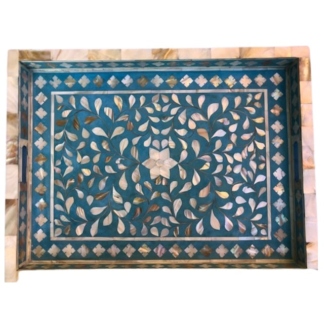 Mother of Pearl Inlay Rectangular Tray in Floral/Sapphire