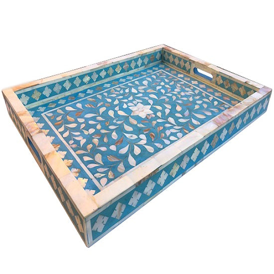 Mother of Pearl Inlay Rectangular Tray in Floral/Sapphire