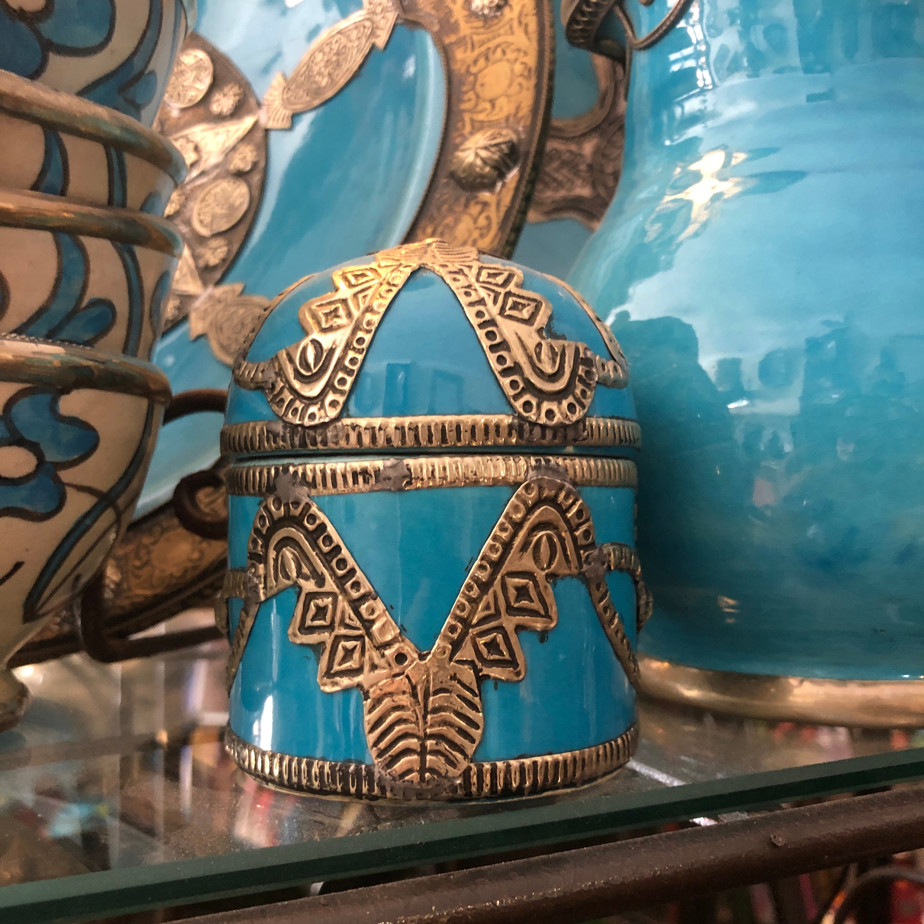 Safi Box with Rounded Lid with Silver Nickel Embellishments in Turquoise