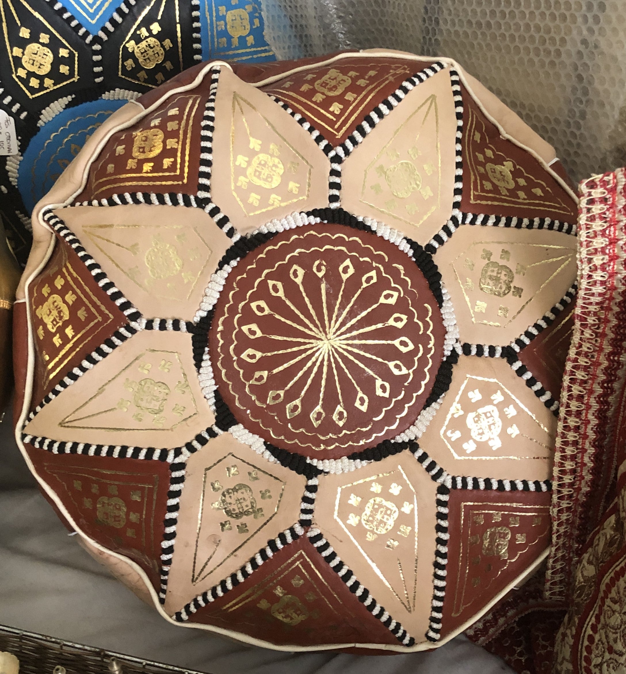 Moroccan Leather Pouffe in Chiffon & Tan - Warehouse Sale