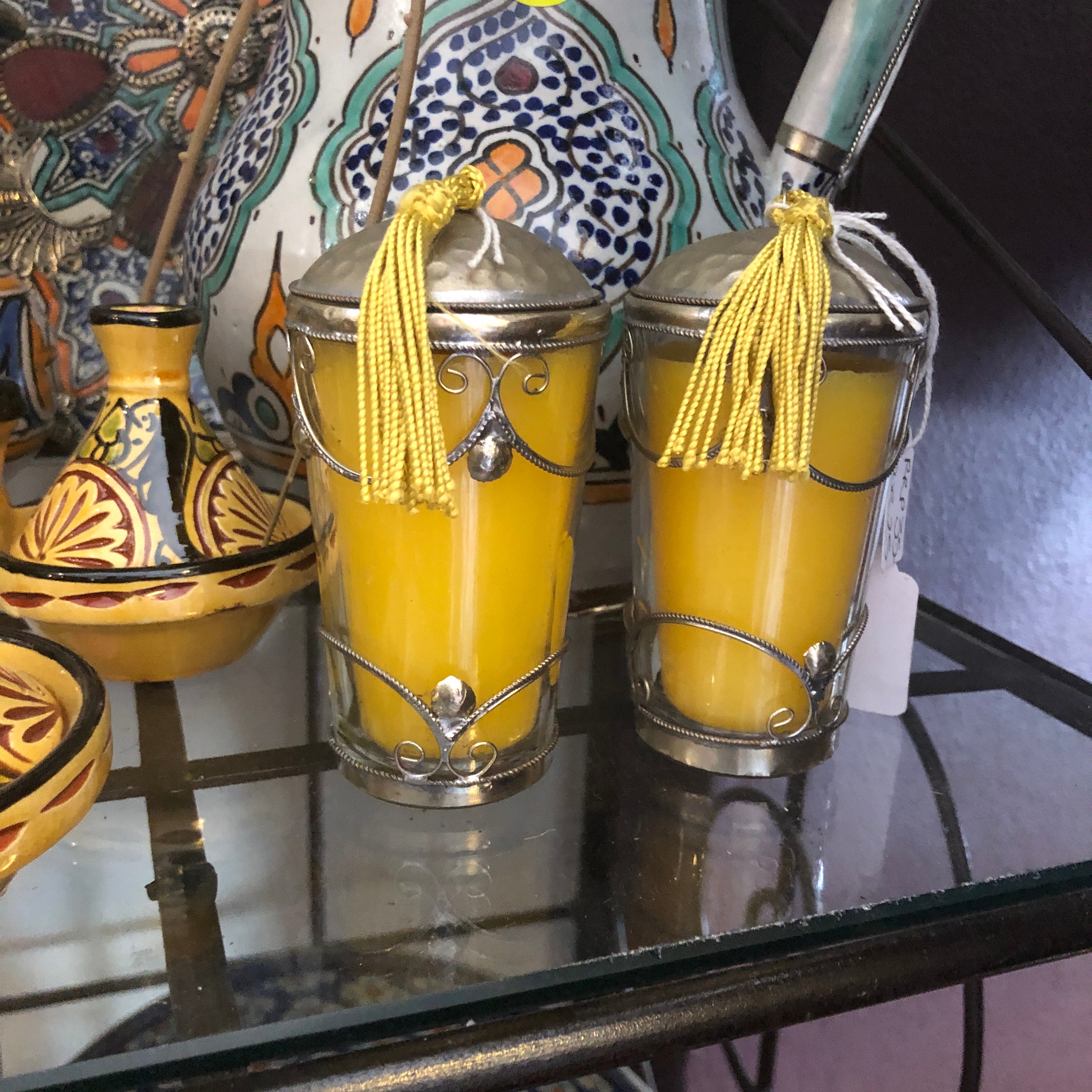 Glass Candle with Tassel and Silver Embellishments - Pair