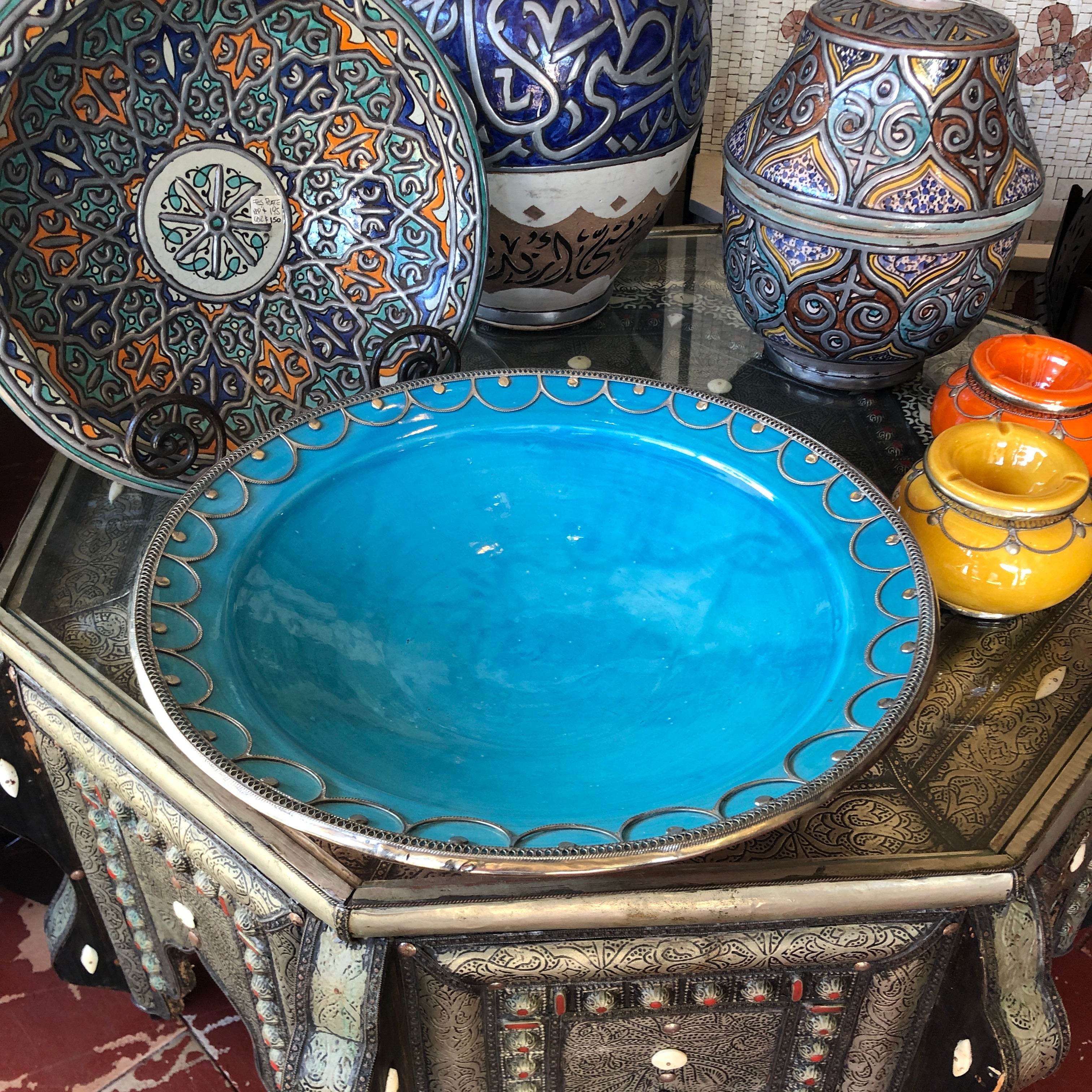Safi Large Shallow Bowl with Silver Nickel Embellishments in Turquoise