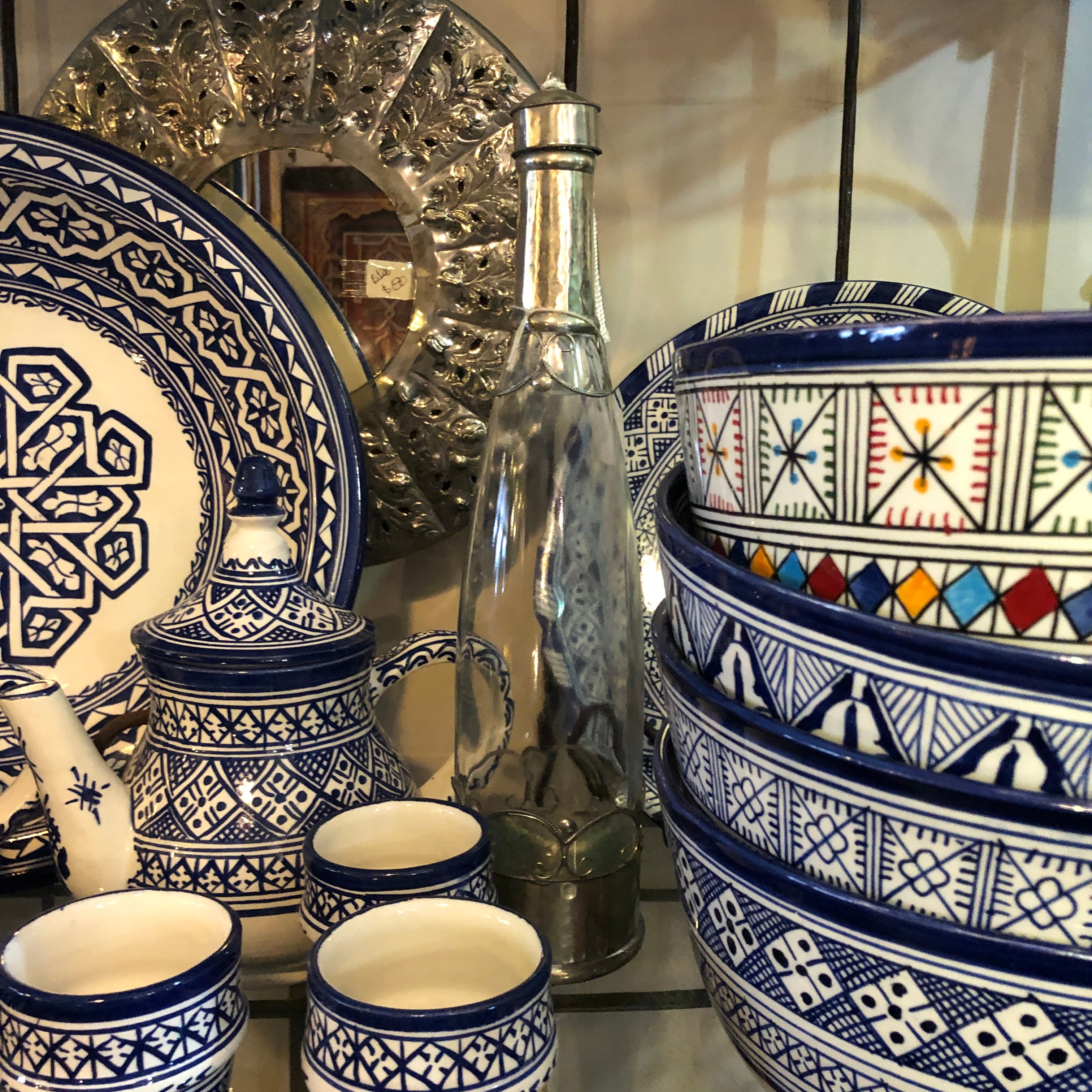 Moroccan Glass Bottle with Silver Embellishment