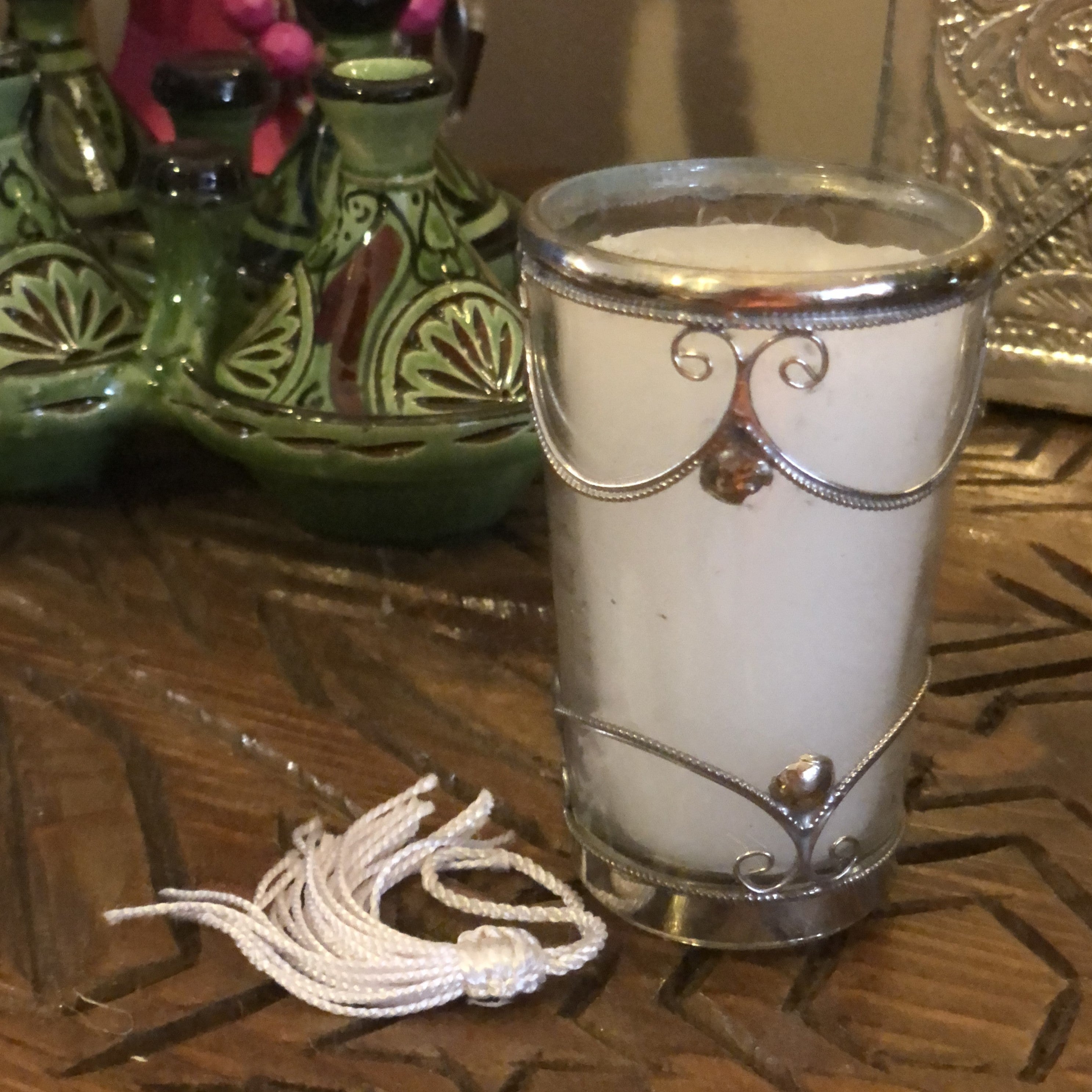 Glass Candle with Tassel and Silver Embellishments - Pair