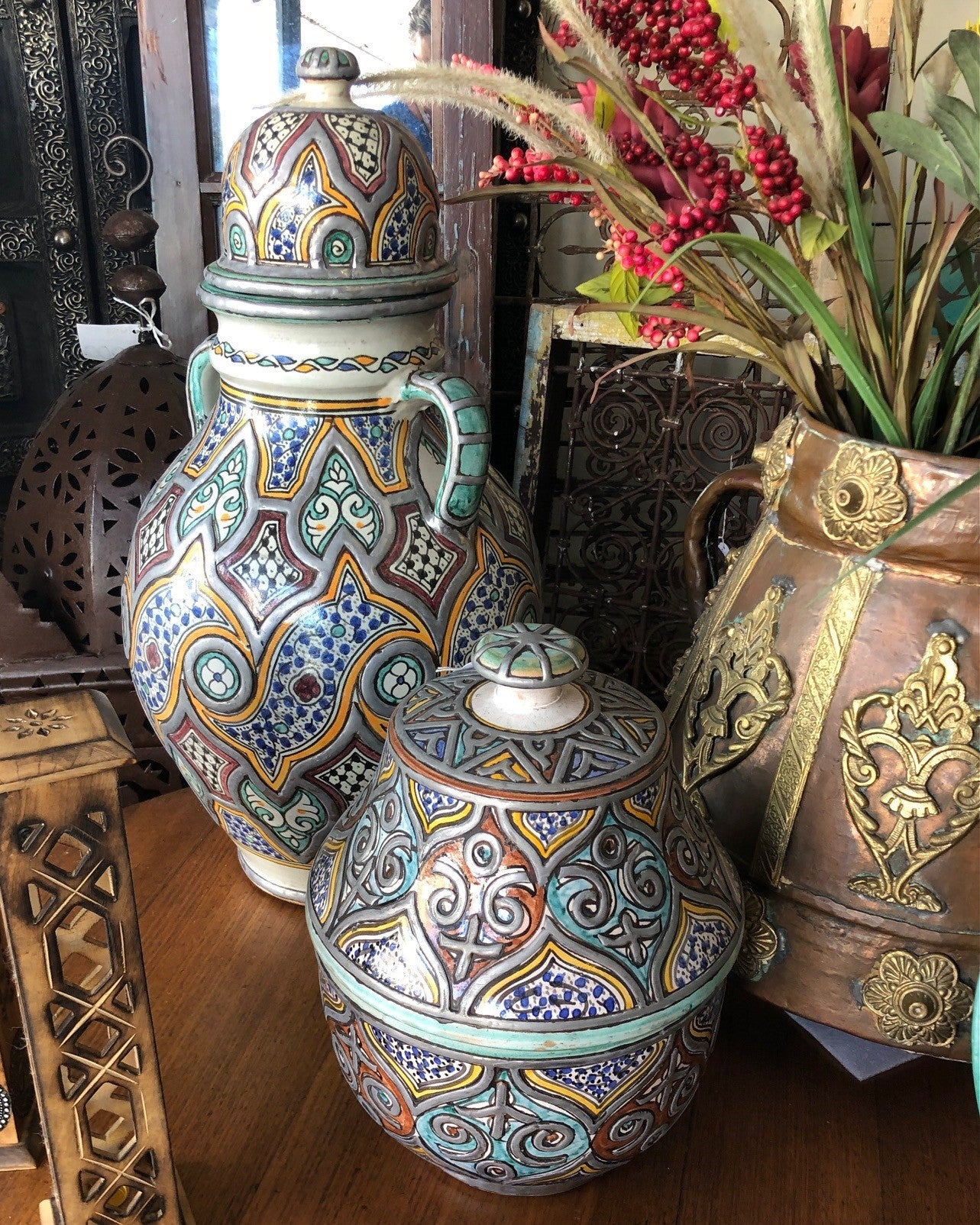 Moorish Fez Vessel with Lid and Metal Embellishment