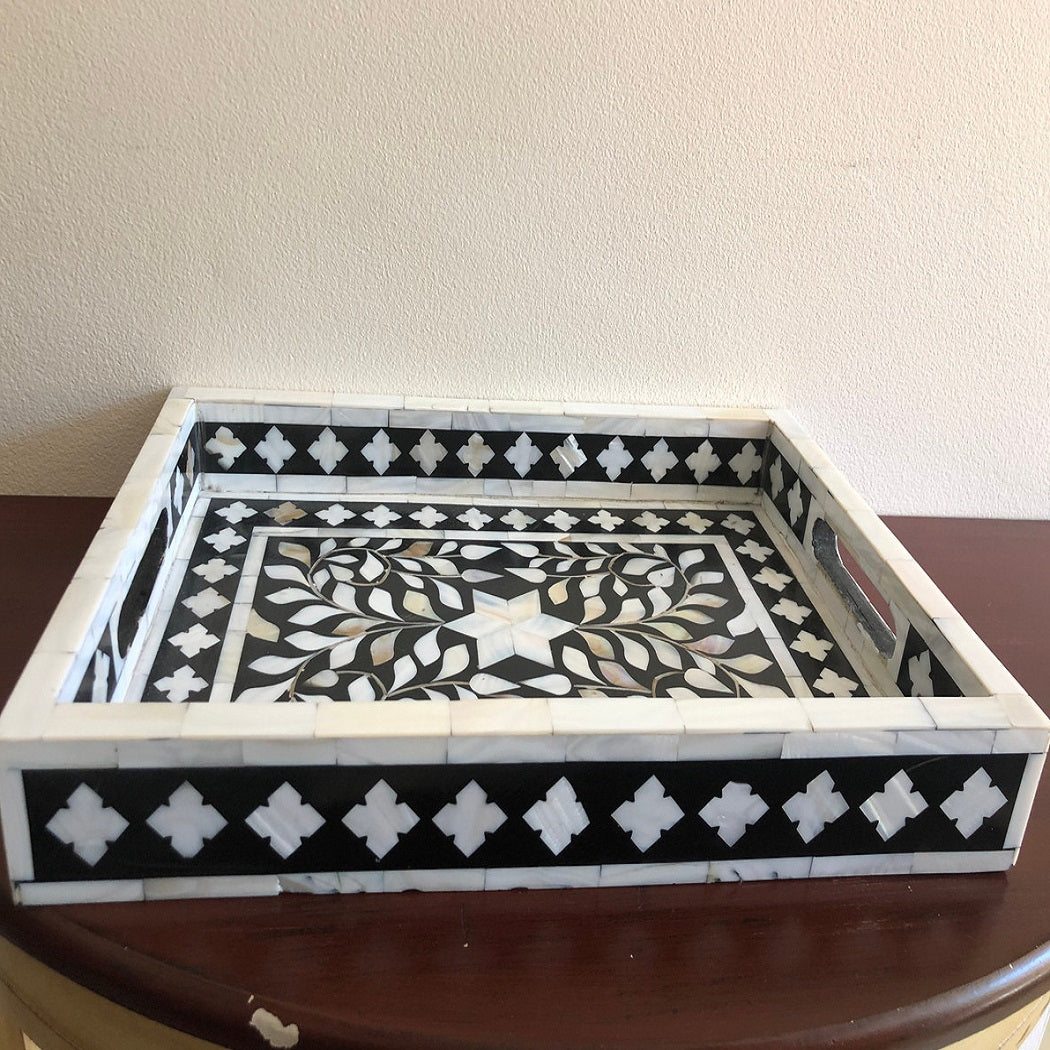 Mother of Pearl Inlay Rectangular Tray in Floral/Black