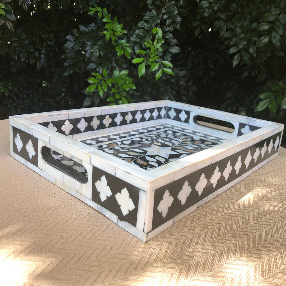 Mother of Pearl Inlay Rectangular Tray in Floral/Black
