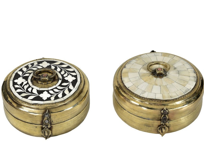 Brass and Bone Inlay Chapati Box with Diamond Design