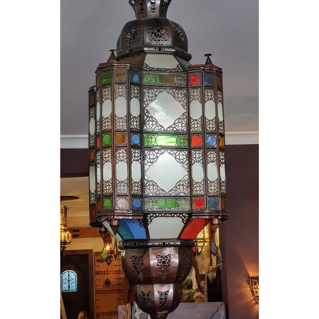 Large Moroccan Hanging Mulit-Coloured Glass Pendant Light