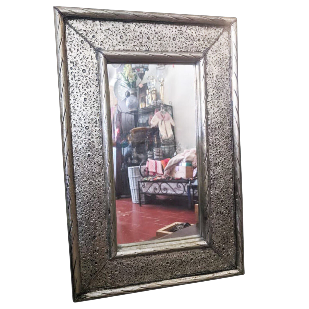 Genuine Moroccan Mirror with Filigree Silver Nickel and Scored Frame