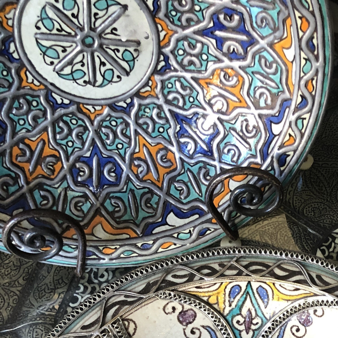 Moroccan Shallow Bowl in Blues and Orange with Metal Embellishment