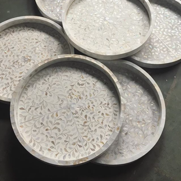 Mother of Pearl Inlay Large Round Tray in White