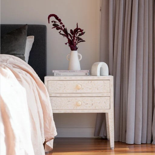Bone Inlay Bedside Table with 2 Drawers in White