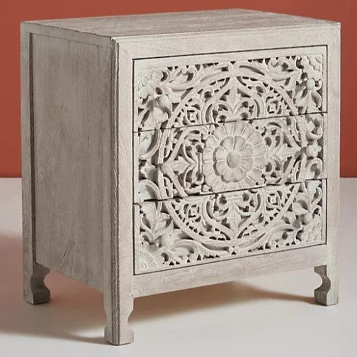 Hand Carved Timber Cut-Out Bedside Table in Natural